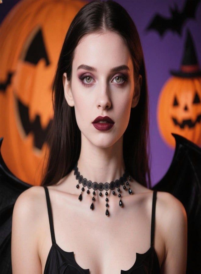 Xeyau Gothic Choker Necklace for Women Black Lace Necklace Halloween Goth Witch Accessories Velvet Vampire Jewelry E-Black - Image 3